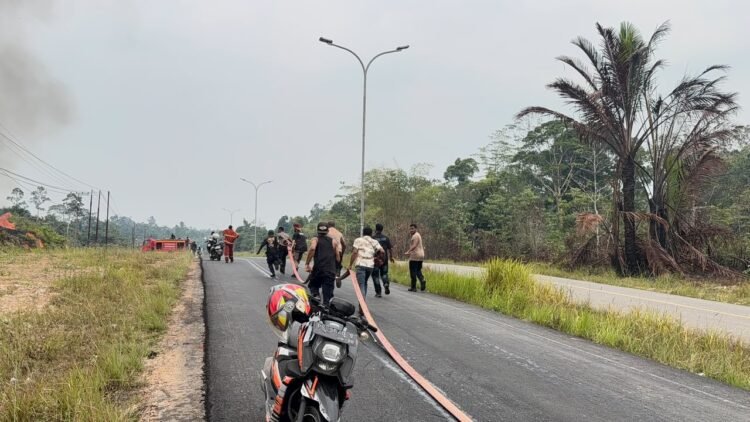 Polres Boven Digoel Bersama PMK Bergerak Cepat Padamkan Kebakaran Lahan di Jalan Trans Papua